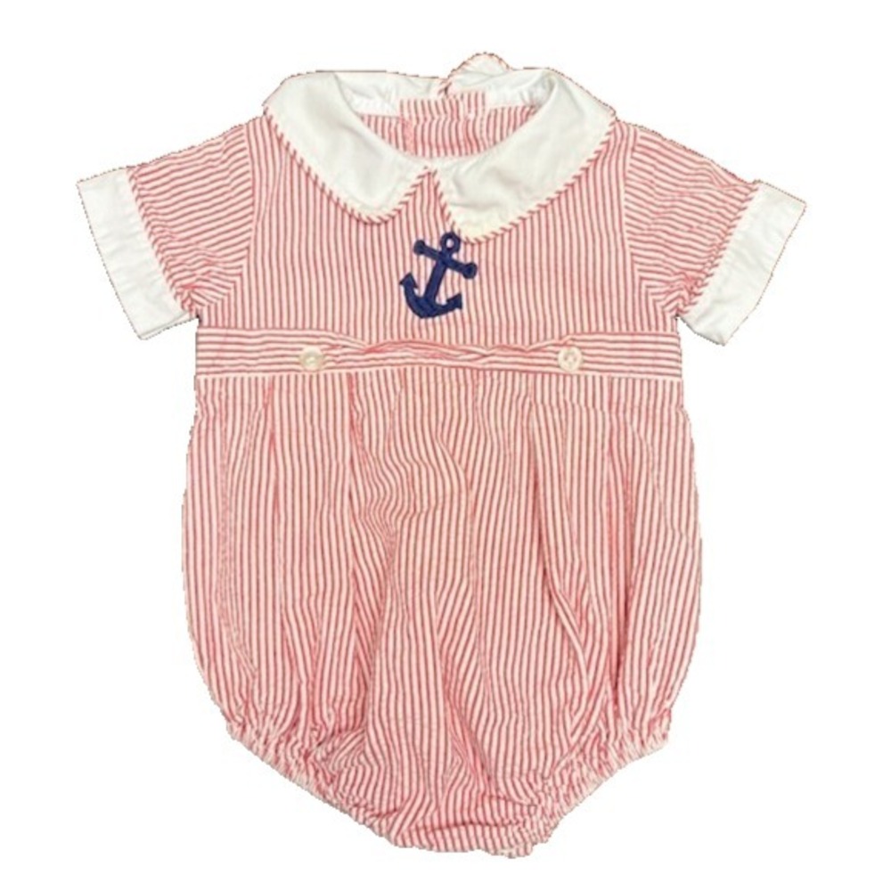 Little English Baby Boy Red Seersucker Anchor Bubble Romper Size 6M
